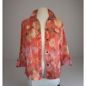 Multiples Floral Sheer Button Up Blouse Adj Sleeves Medium Pink Orange Yellow